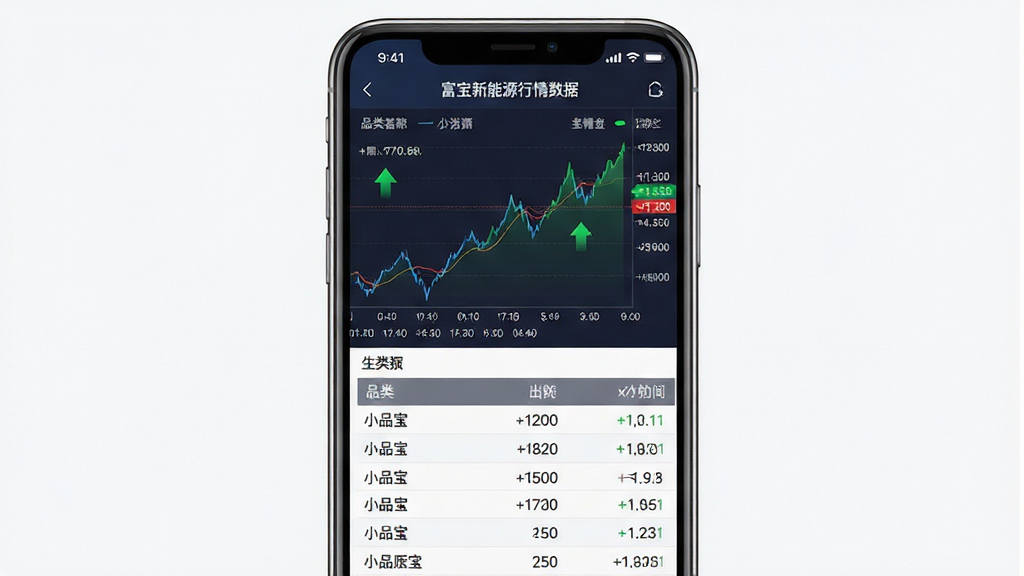 富宝新能源行情数据页面,主体为手机屏幕展示价格折线图与数据列表,布局上方为图表下方为详细数据表格,排版清晰对齐,风格为专业金融数据可视化风格,细节包含绿色与红色涨跌箭头、价格数字、时间轴刻度、品类名称标签,画质高清,干净,无多余元素