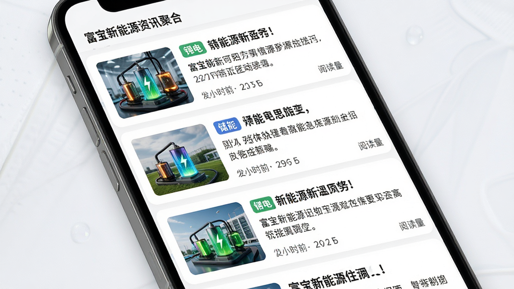 富宝新能源资讯聚合功能界面,主体为手机屏幕展示多条新能源新闻卡片,布局为纵向列表排列,排版左侧缩略图右侧标题与摘要,风格为清爽简约的信息流设计,细节包含锂电标签、储能标签、发布时间、阅读量数字,画质高清,干净,无多余元素
