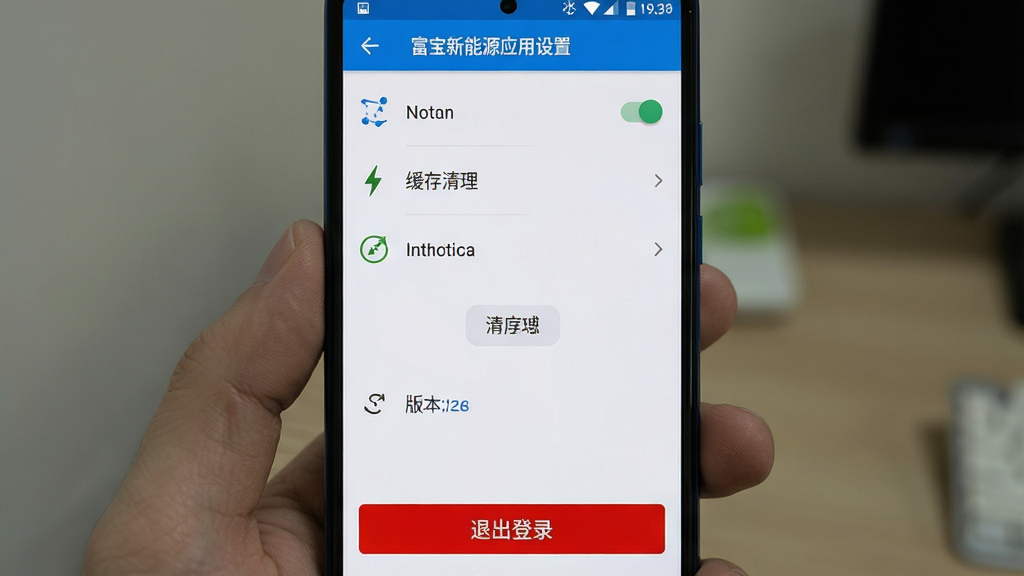 富宝新能源应用设置页面手机截图,主体为一部安卓手机展示设置菜单列表,布局为纵向排列的设置选项,排版每行一个功能入口配图标与文字,风格为简洁移动端设置界面,细节包含通知开关、缓存清理按钮、版本号文字、退出登录红色按钮,画质高清,干净,无多余元素