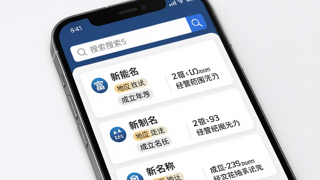 富宝新能源企业信息查询界面,主体为手机屏幕展示企业档案卡片,布局上方为搜索框下方为企业列表,排版每张卡片包含企业名称与关键信息字段,风格为商务简洁风格,细节包含企业图标、地区标签、成立年份数字、经营范围文字,画质高清,干净,无多余元素