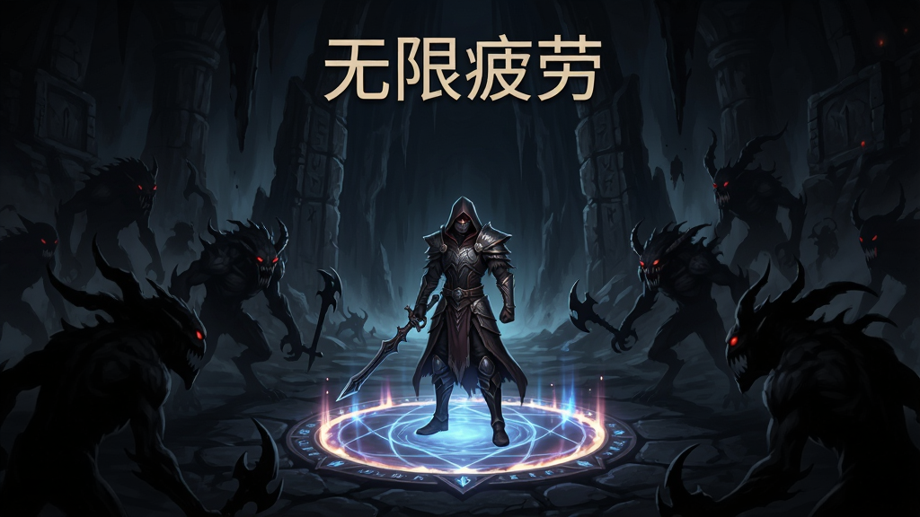 游戏角色站在深渊副本入口,脚下是发光的传送阵,周围环绕着层层叠叠的怪物剪影,画面上方显示