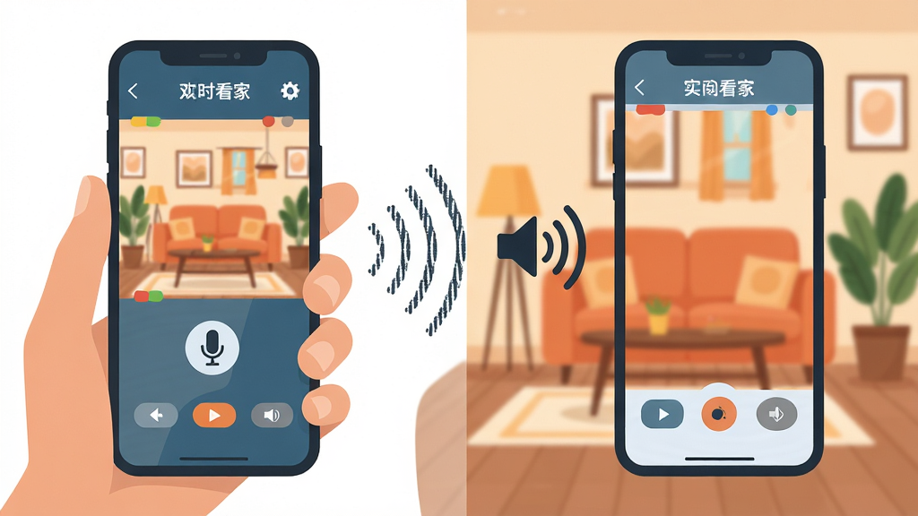 手机实时看家监控双向语音对讲功能示意图,画面左侧是一部握在手中的手机,屏幕显示监控画面和麦克风图标,画面右侧是客厅场景中另一部手机作为摄像头端,扬声器图标发出声波符号连接两端,布局为左右呼应式,排版清晰直观,风格为扁平化插画风,细节包括声波纹理、手机界面按钮、温馨客厅背景,画质干净,无多余元素