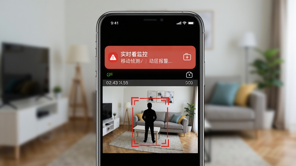 手机实时看家监控移动侦测报警功能展示,画面中央一部手机屏幕弹出报警通知横幅,通知下方显示监控画面中有人形轮廓被红色方框标记,背景为客厅场景,布局为手机特写加背景虚化,排版突出报警信息,风格为科技感UI展示风,细节包括红色警戒框、通知图标、时间戳、存储图标,画质清晰,干净无杂乱