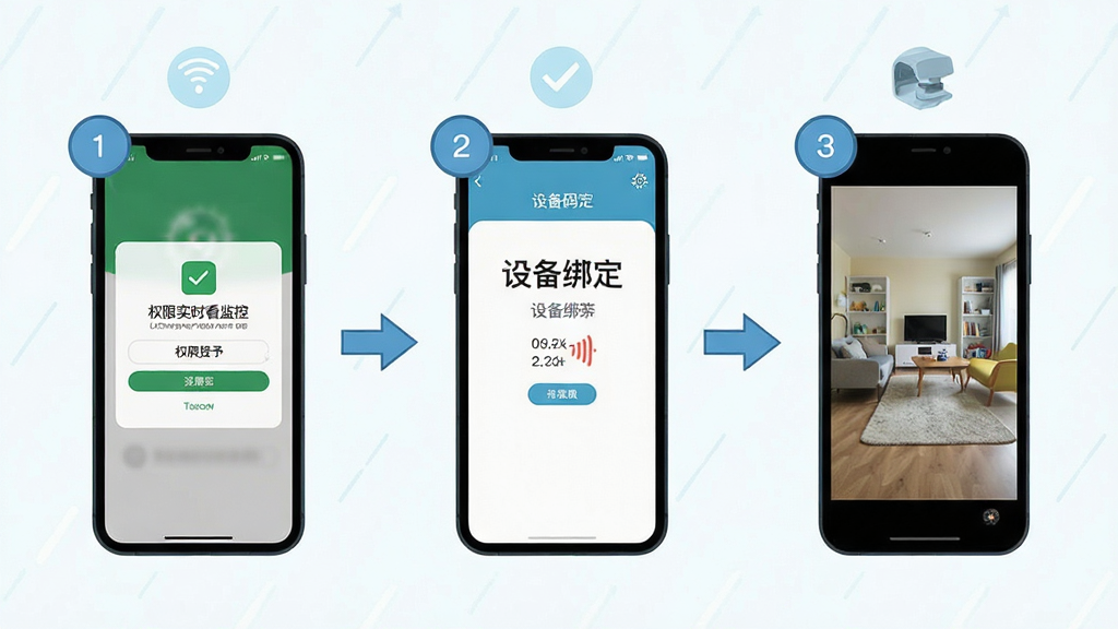 手机实时看家监控新手设置流程示意图,画面分为三个步骤横向排列,第一步手机屏幕显示权限授予界面,第二步手机显示设备码绑定界面,第三步手机显示监控画面,布局为三格流程图排版,风格为清新扁平化教程风,细节包括步骤编号圆圈、箭头指引、手机边框,画质干净清晰,无杂乱背景