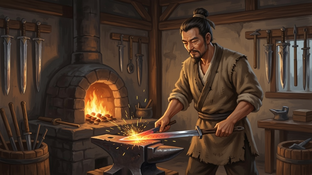 一幅展现中国古代铸剑工坊场景的插画,画面中央是一位身穿粗布短褐的铸剑师正在炉火前锻打剑胚,火红的铁块在铁砧上溅出金色火星,背景是古色古香的木质工坊结构,墙上悬挂着各式剑胚与工具,炉火照亮整个空间,整体风格为国风写实插画,细节丰富,画质清晰干净,无多余元素