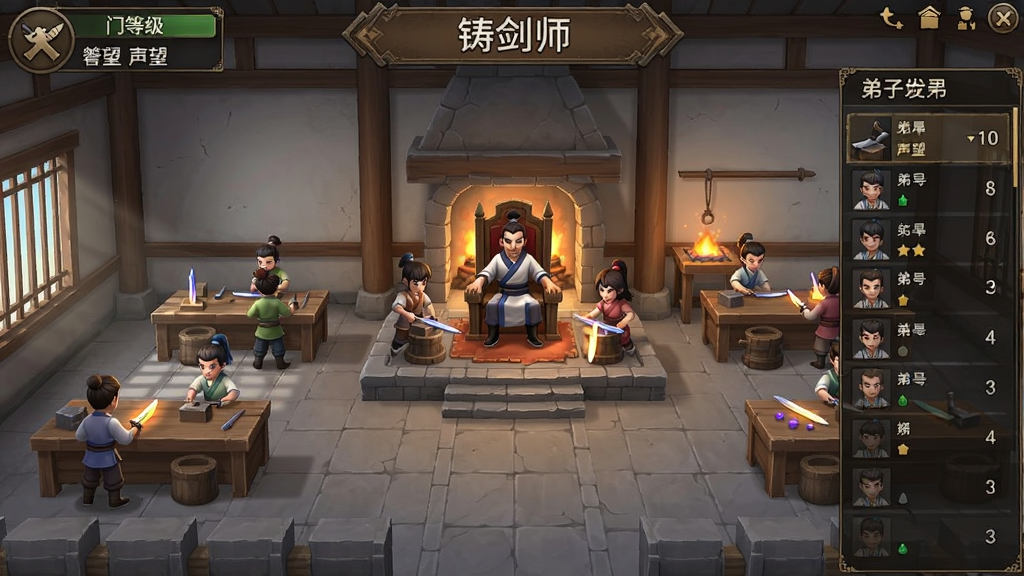 一张“铸剑师”游戏门派经营界面的截图,画面展示一间宽敞的铸剑大厅,多名弟子在各自工位上忙碌,中央是掌门座位,界面四周有门派等级、声望值、弟子列表等UI元素,风格为古风经营模拟游戏,画质清晰干净