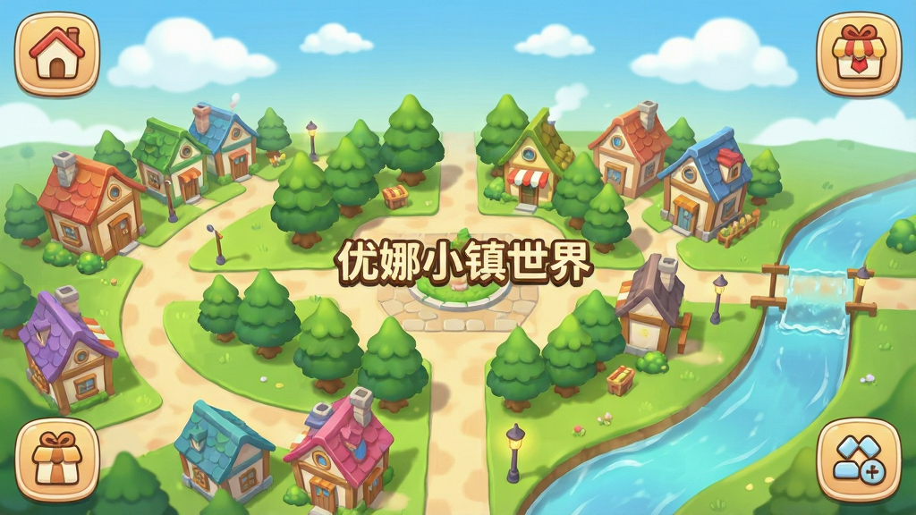 一个充满童话色彩的卡通风格小镇全景,画面中央是