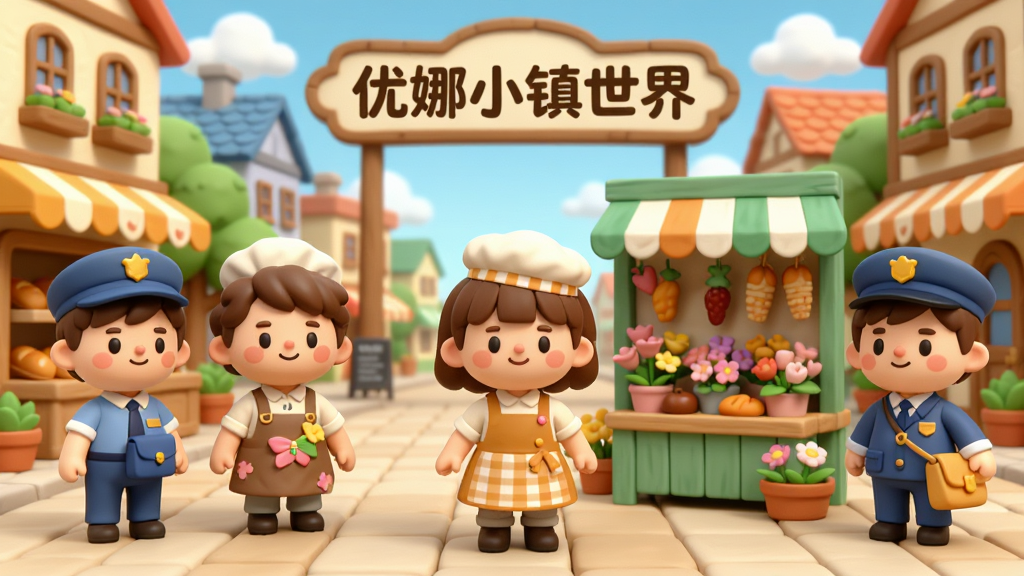 卡通风格的小镇居民角色群像,画面中多位造型可爱的居民站在