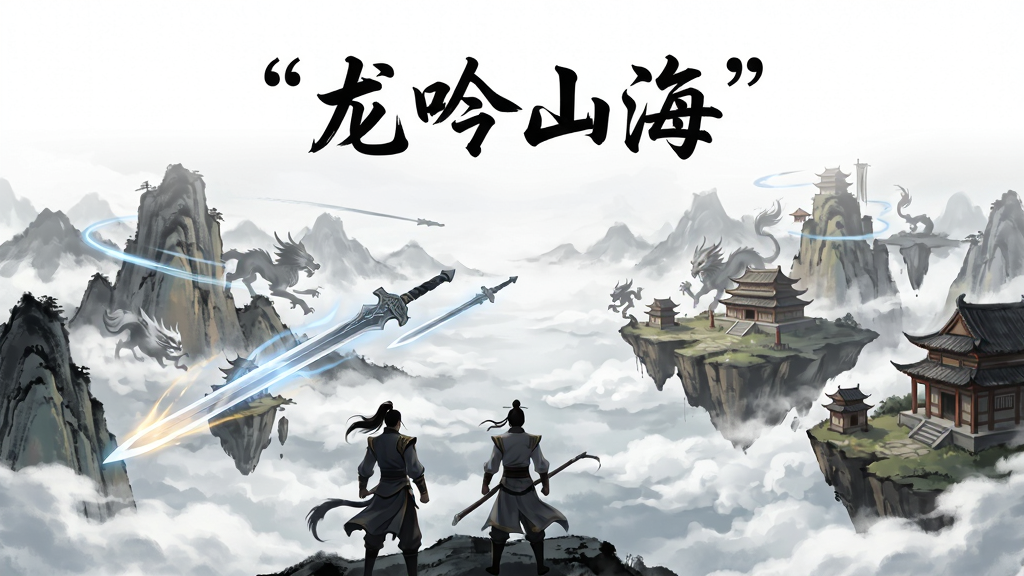 龙吟山海 游戏主界面全景 主体为浩瀚山海云海与悬浮仙山 布局采用远景山峦叠嶂与近景古风角色背影 排版上方留白处写有引号龙吟山海引号 风格为国风水墨与仙侠奇幻结合 细节包含飞剑流光异兽虚影与古朴建筑 画质高清干净无多余元素