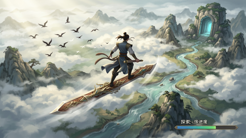 龙吟山海 御剑飞行探索场景 主体为角色踩踏飞剑掠过云海 布局采用俯视视角展现山川河流与秘境入口 排版右下角显示探索进度条 风格为仙侠写实与水墨渲染 细节包含云层光影与飞鸟群 画质高清干净无多余元素