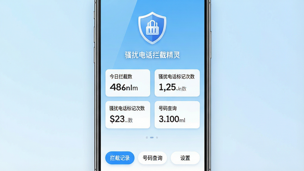 一张展示智能手机屏幕的图片,屏幕中央显示“骚扰电话拦截精灵”应用主界面,界面顶部有盾牌形状的拦截图标,中间列出今日拦截数量、骚扰电话标记次数等数据卡片,底部有“拦截记录”“号码查询”“设置”三个功能按钮。背景为浅蓝色渐变,风格干净简洁,画质清晰,无多余元素。