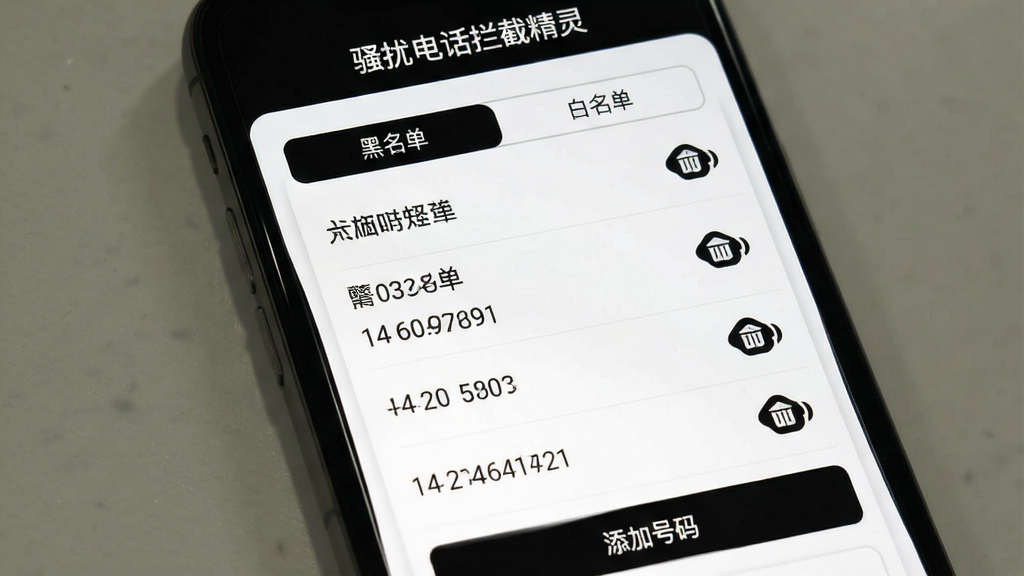 一张展示手机应用内黑白名单管理界面的图片,屏幕上方标题为“骚扰电话拦截精灵”,中间分为“黑名单”和“白名单”两个选项卡,列表中有多个电话号码条目,右侧有删除按钮,底部有“添加号码”按钮,背景为白色卡片式布局,风格简约,画质清晰,无多余元素。