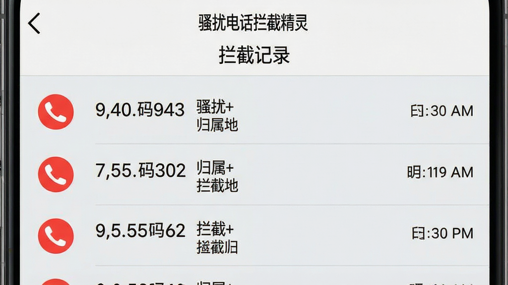 一张展示手机拦截记录列表界面的图片,屏幕顶部显示“骚扰电话拦截精灵”和“拦截记录”标题,下方按时间顺序列出多条被拦截号码,每条包含号码、归属地和拦截时间,左侧有红色电话图标,背景为浅灰色列表,风格清爽,画质清晰,无多余元素。
