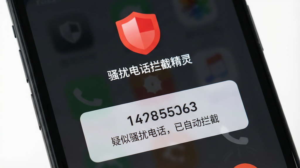 一张展示手机来电拦截界面的图片,屏幕上方显示一个红色盾牌图标,下方显示“骚扰电话拦截精灵”字样,屏幕中央弹出来电号码和“疑似骚扰电话,已自动拦截”的提示框,背景为深色半透明遮罩,风格写实,画质清晰,无多余元素。