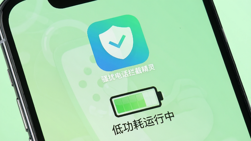 一张展示手机电池续航与后台运行状态的图片,屏幕上方显示“骚扰电话拦截精灵”图标,下方有电池图标和“低功耗运行中”文字说明,背景为浅绿色渐变,风格清新,画质清晰,无多余元素。