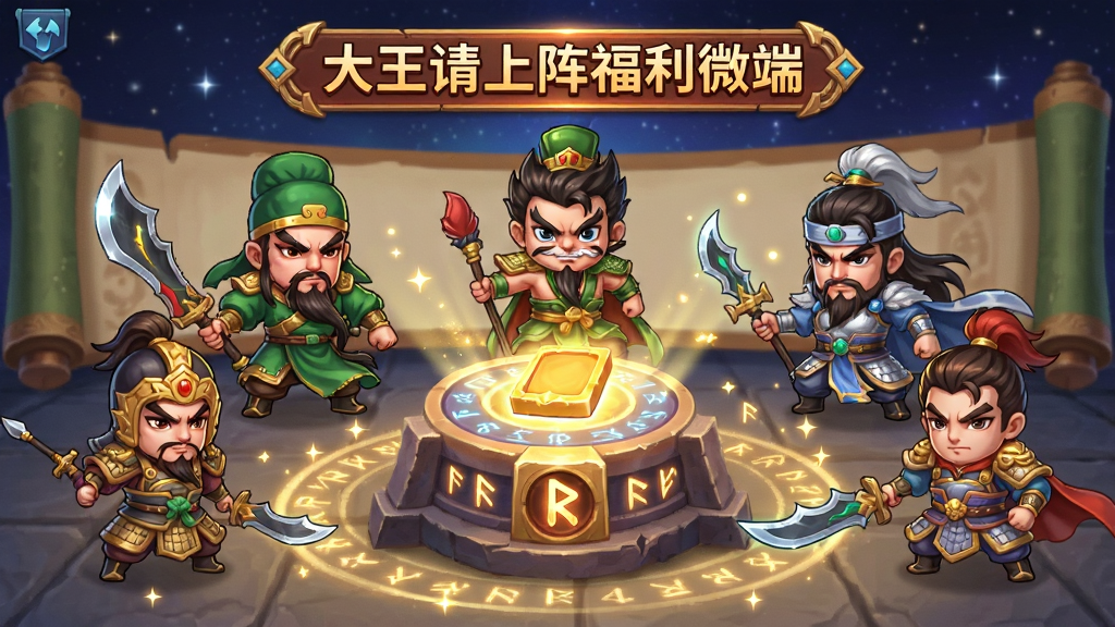 画面为三国武将招募界面,中央是一个发光的招募台,周围环绕着关羽、张飞、赵云等Q版武将形象,上方有