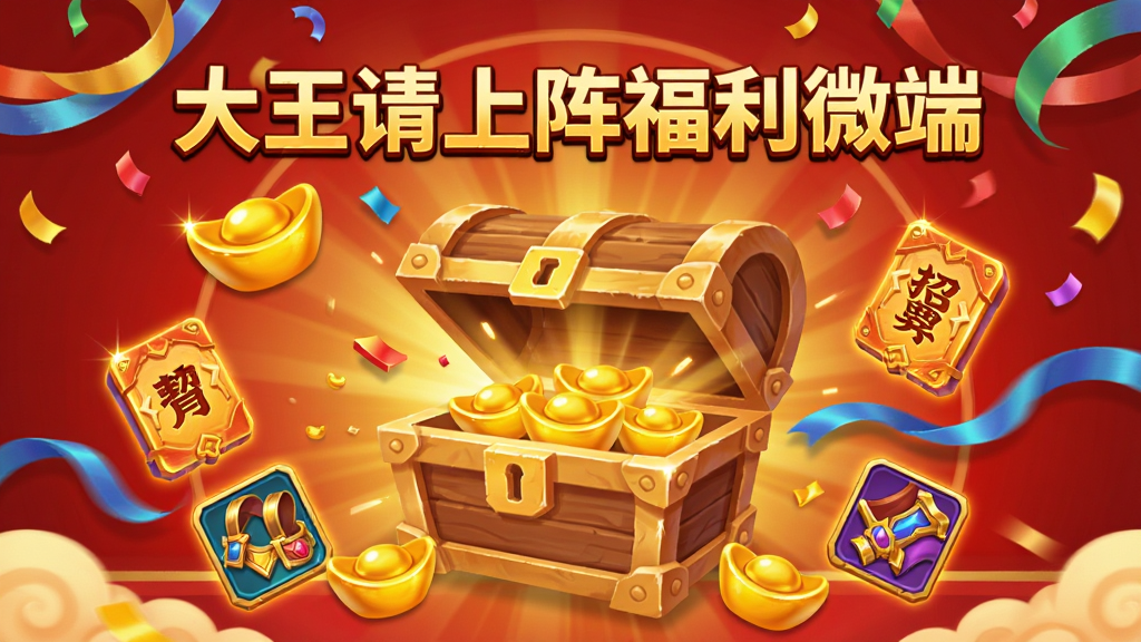 画面为游戏福利兑换界面,中央是一个宝箱打开特效,周围飘浮着元宝、招募令、装备图标,上方有