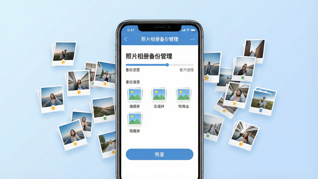 一张展示手机相册管理界面的概念图,画面中央是一部智能手机,屏幕显示着“照片相册备份管理”软件的主界面,界面中有备份进度条、相册分类图标和恢复按钮。手机周围漂浮着许多小照片缩略图,象征海量照片被有序整理。背景是柔和的浅蓝色渐变,整体风格简洁现代,布局清晰,画质高清,干净无多余元素。