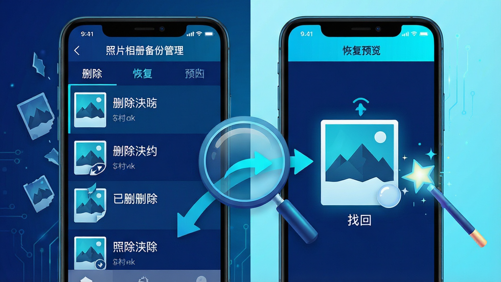 一张展示误删恢复功能的AI生图,画面主体是一台手机,屏幕上显示“照片相册备份管理”的恢复界面,界面中有一张被删除的照片正在被“找回”,周围有放大镜和魔法棒元素。布局为左右分栏,左侧是已删除照片列表,右侧是恢复预览。风格为科技感插画,色彩以深蓝和亮青色为主,细节包括照片碎片、恢复箭头,画质高清,干净无多余元素。