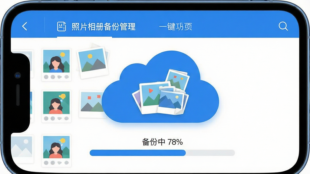 一张展示一键备份功能的AI生图,画面主体是一个手机屏幕,屏幕上显示“照片相册备份管理”软件界面,一个醒目的云朵图标正将相册中的照片吸向云端,下方有进度条显示“备份中 78%”。布局采用居中构图,风格为扁平化插画,色彩以蓝色和白色为主,细节包括照片缩略图、云朵、进度条,画质高清,干净无多余元素。