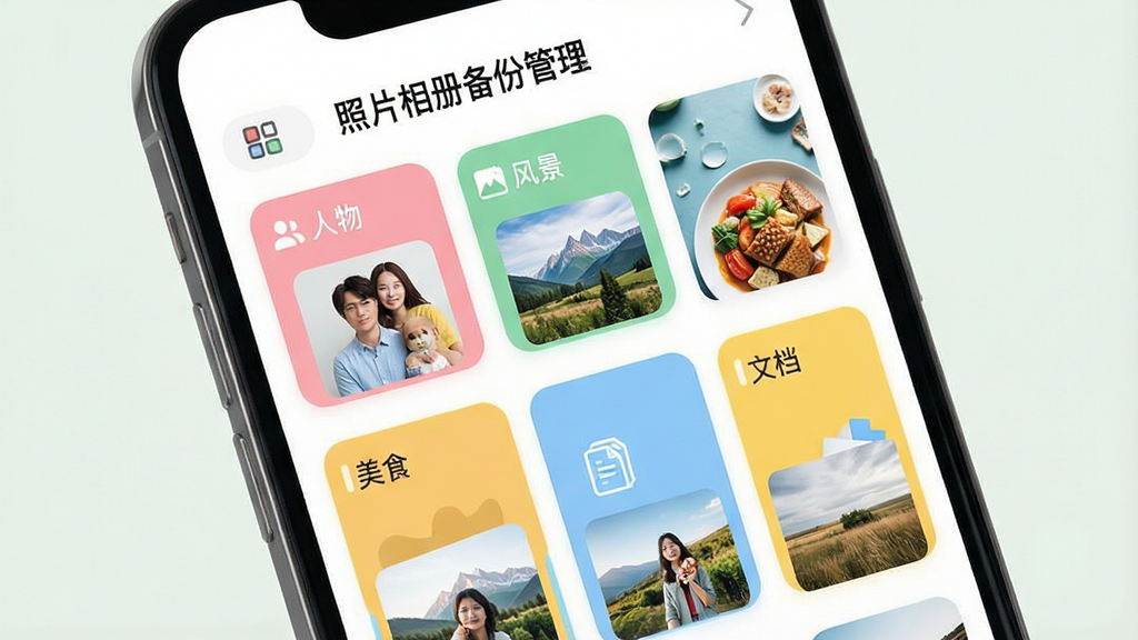 一张展示智能分类功能的AI生图,画面主体是一个手机屏幕,屏幕上显示“照片相册备份管理”的相册分类界面,界面中有多个彩色标签卡片,分别写着“人物”“风景”“美食”“文档”,每张卡片上有对应的照片缩略图。布局为网格状,风格为清新扁平化设计,色彩以柔和的粉、绿、蓝、黄为主,细节包括分类图标、照片缩略图,画质高清,干净无多余元素。