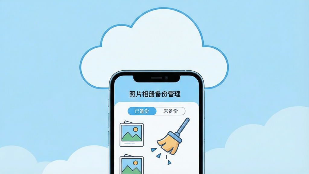 一张展示云端同步与本地清理功能的AI生图,画面主体是一部手机和一朵云,手机屏幕上显示“照片相册备份管理”的清理界面,界面中有“已备份”和“未备份”的标签,一个扫帚图标正在清理已备份的照片。布局为上下结构,上方是云朵,下方是手机。风格为简约插画,色彩以天蓝和白色为主,细节包括照片缩略图、扫帚、云朵,画质高清,干净无多余元素。