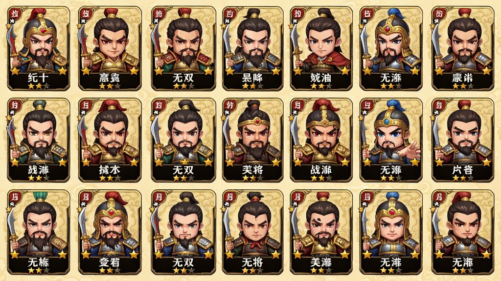 主体为多位Q版三国武将卡牌排列展示,布局为网格状卡牌墙,排版为居中对称,风格为游戏卡牌图鉴界面,细节包括每位武将配有姓名标签和星级标识、背景为淡金色祥云纹理,画质清晰干净无多余元素,图片中文字写
