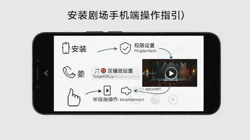 活水剧场手机端操作指引图,画面展示一部安卓手机,屏幕上标注了安装步骤、权限设置和播放操作的要点,背景为浅灰色,风格简洁明了,画质清晰,干净无多余元素