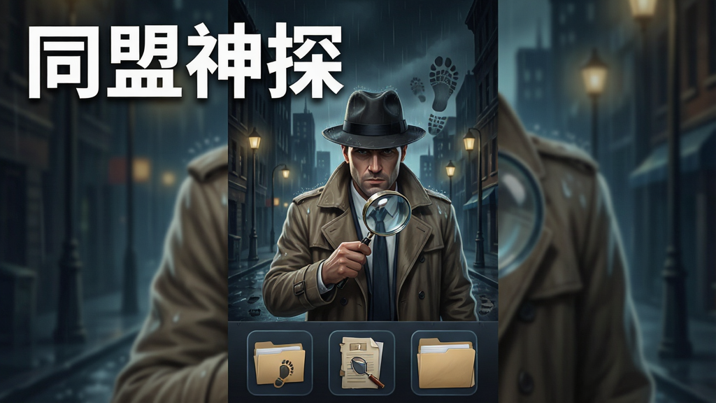 一幅竖版手机游戏宣传图,画面中央是一位穿着风衣手持放大镜的侦探站在昏暗的街道上,身后是模糊的城市建筑轮廓与路灯,画面左上角用白色粗体字写着“同盟神探”,整体布局为上中下结构,上方标题区域、中间人物主体、下方案件线索图标排列,风格为写实悬疑插画风,细节包含雨滴、脚印、放大镜反光、文件袋等元素,画质高清,画面干净,无多余元素