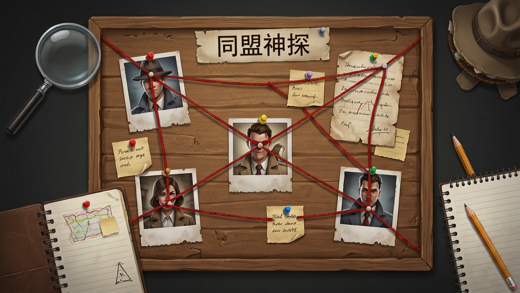 一幅游戏解谜场景插画,画面中央是“同盟神探”中的线索板,上面钉着照片、纸条与红线连接,周围散落着放大镜、笔记本与铅笔,布局为中心放射状结构,风格为侦探题材写实风,细节包含红线交错、纸张边缘磨损、木板上纹理,画质高清,画面干净,无多余元素
