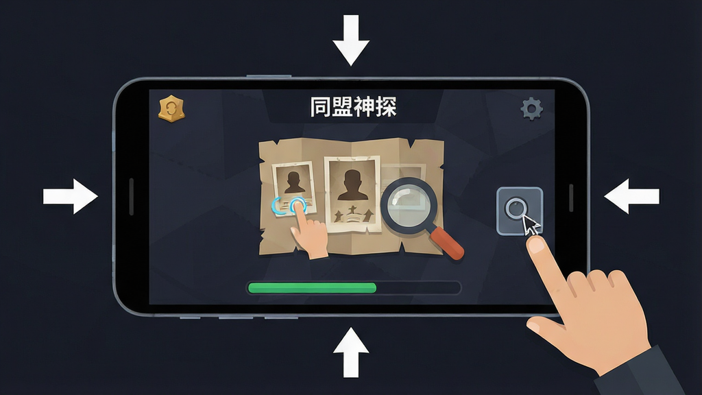 一幅手机游戏操作示意图,画面中一部安卓手机横屏显示“同盟神探”游戏界面,界面中有手指点击线索的图标与缩放提示,背景为深色,布局为手机居中、四周有操作标注箭头,风格为扁平化教程风,细节包含手指图标、放大镜光标、进度条,画质清晰,画面干净,无多余元素