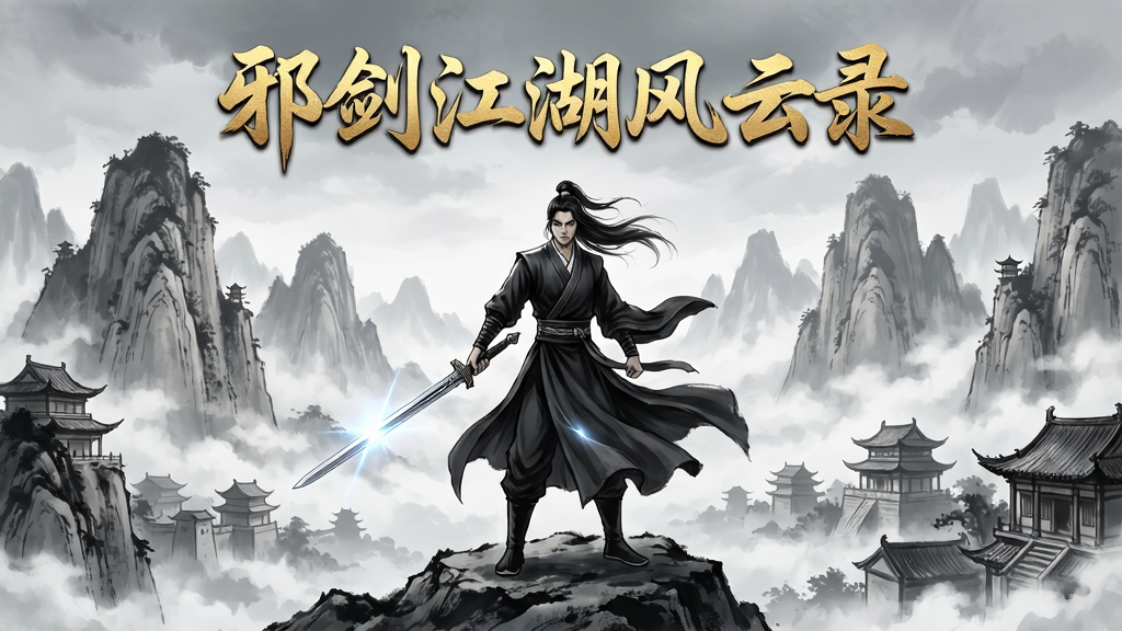 邪剑江湖风云录游戏主界面全景展示,主体为一位身着黑衣的侠客手持长剑立于山巅,背景是云雾缭绕的远山与古风建筑群,布局采用中心对称构图,排版上游戏名称“邪剑江湖风云录”以金色毛笔字体置于画面正上方,风格为中国传统水墨武侠风,细节上山峰纹理清晰、衣袂随风飘动、剑身反射寒光,画质高清,画面干净,无多余元素