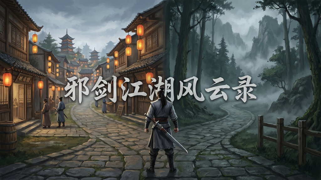 邪剑江湖风云录开放江湖世界场景,主体为一位侠客站在岔路口,左侧是繁华城镇右侧是幽深山林,布局采用三分法构图,排版上画面中央显示“邪剑江湖风云录”半透明水印,风格为写实武侠插画风,细节上城镇灯笼高挂、山林雾气弥漫、路面石板纹理可见,画质精细,画面干净,无多余元素