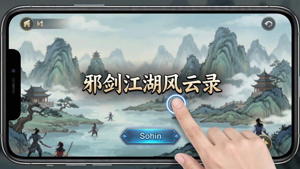 邪剑江湖风云录新手引导界面截图,主体为手机屏幕显示游戏操作教程,布局采用竖屏展示,排版上画面中央有手指点击提示与文字说明“邪剑江湖风云录”,风格为简洁游戏UI风,细节上按钮高亮、文字清晰、背景为江湖山水,画质高清,画面干净,无多余元素