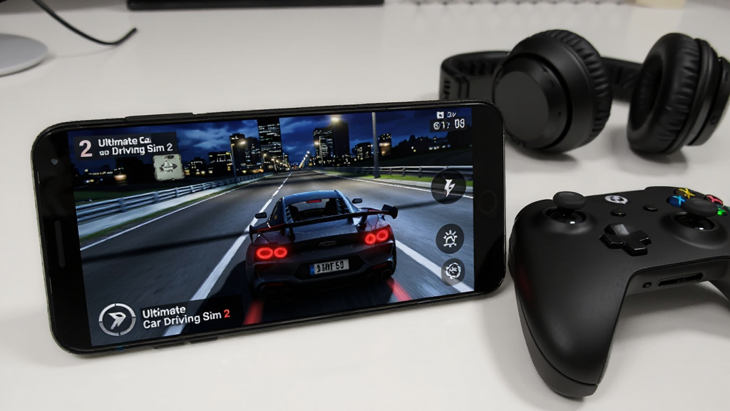 一部安卓手机横屏运行Ultimate Car Driving Sim 2游戏画面,屏幕上显示一辆跑车在夜间城市道路行驶,手机旁边放着游戏手柄和耳机,背景是简洁的桌面,风格写实,画质清晰,干净无多余元素