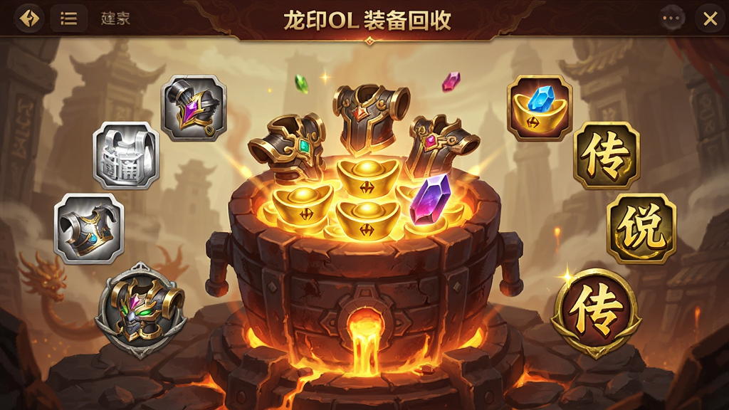 龙印OL装备回收界面展示,画面中央是一个巨大的熔炉,熔炉中投入各种装备后产出闪耀的元宝与强化石,周围环绕着不同品质的装备图标,从白色普通到金色传说依次排列,整体采用东方玄幻风格,色调以金色与暗红为主,细节精致,画质高清,干净无多余元素