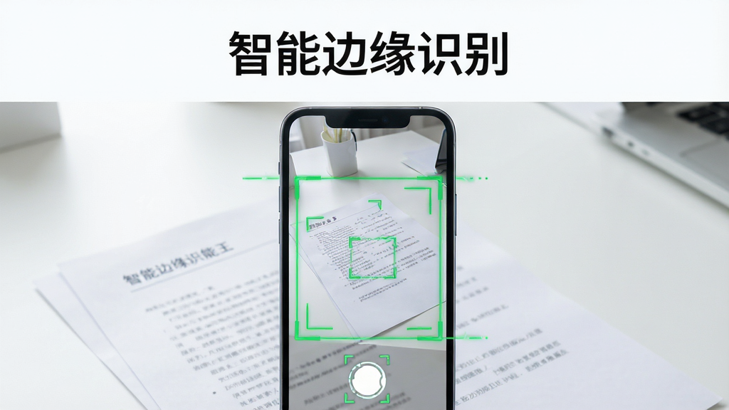 扫描文件万能王智能边缘识别功能展示图,画面主体为一部手机正在拍摄桌面上的纸质文档,手机屏幕内显示绿色识别边框贴合纸张四角,布局为手机居中、文档铺满下方,排版采用上方标题下方演示的上下结构,风格为清爽科技感,细节包含识别线条、自动裁剪动画感、明亮光线,画质高清,画面干净,无多余元素,图中文字标注“智能边缘识别”