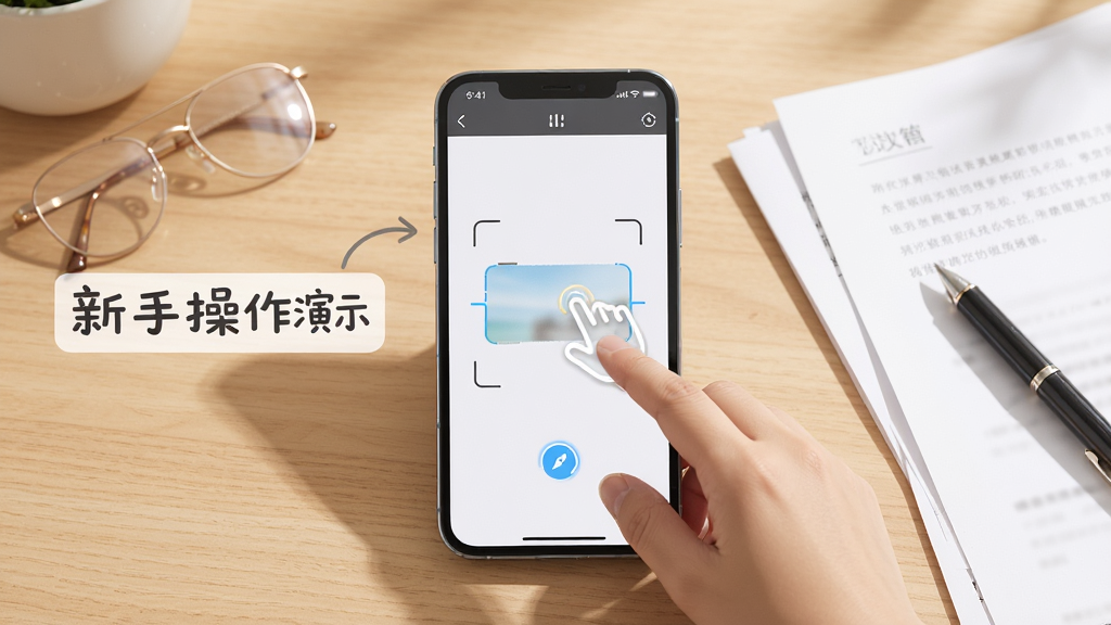 扫描文件万能王新手使用操作演示图,画面展示一部手机在桌面上打开扫描界面,旁边放置纸质文档和笔,布局为手机居中、文档在侧,排版简洁,风格为清新教学风,细节包含操作手势、明亮光线、柔和阴影,画质高清,画面干净,无多余元素,图中文字标注“新手操作演示”