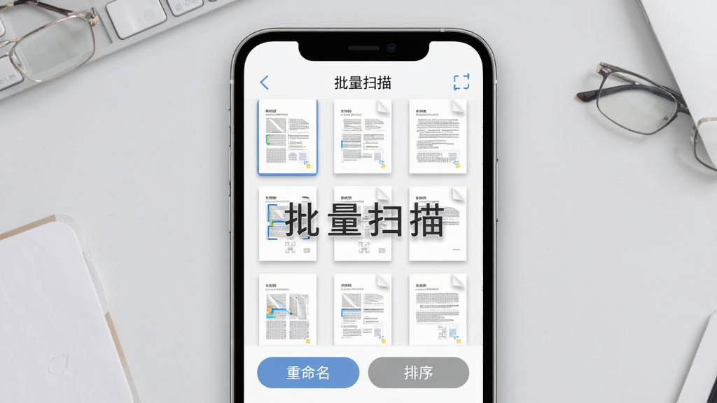 扫描文件万能王批量扫描与文件整理界面预览图,画面展示手机屏幕内多页文档缩略图排列整齐,带有重命名和排序按钮,布局为手机居中展示,背景为浅灰桌面,排版简洁,风格为现代办公风,细节包含文件缩略图、操作图标、柔和阴影,画质高清,画面干净,无多余元素,图中文字标注“批量扫描”