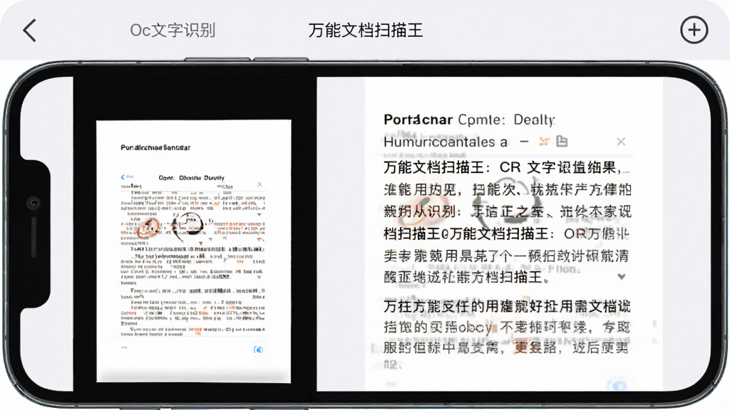 手机屏幕展示万能文档扫描王的OCR文字识别结果界面,画面中左侧是文档图片,右侧是提取出的文字内容,背景为浅色,界面分区明确,风格清爽,画质清晰,无多余元素