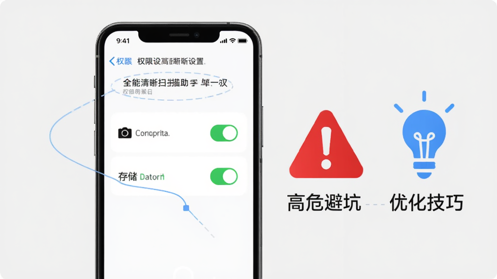 一部手机屏幕上显示全能清晰扫描助手的权限设置界面,相机和存储权限已开启为绿色状态。手机旁边有一个红色的警示图标和一个蓝色的灯泡图标,分别代表高危避坑和优化技巧。背景为简洁的浅灰色,风格为信息图表式插画,画质高清,干净,无多余元素。