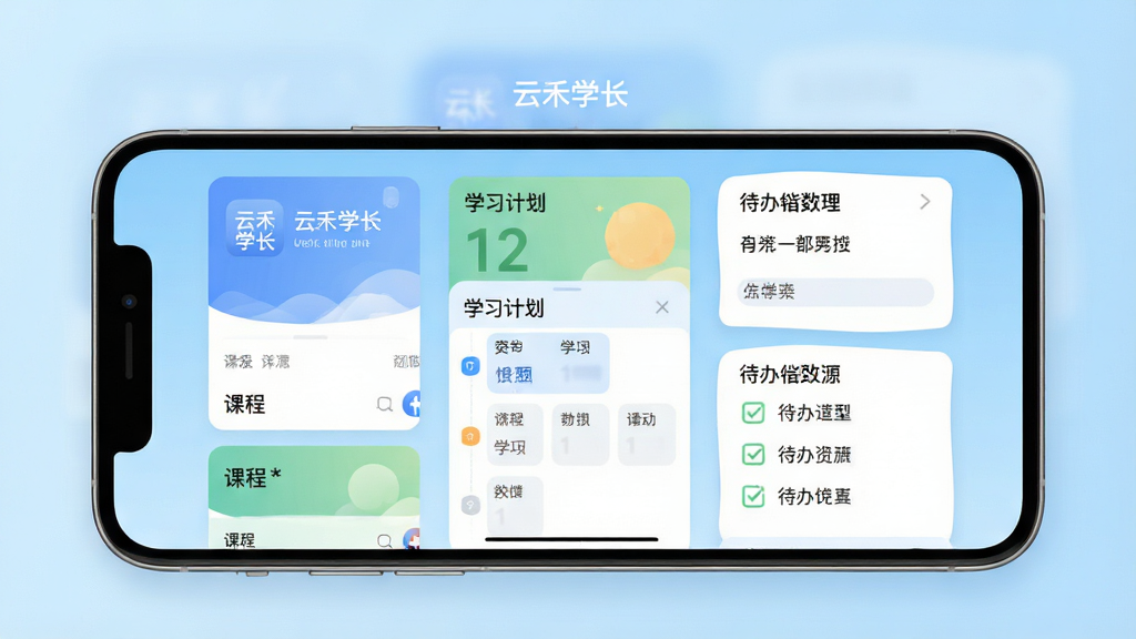 手机屏幕中央显示“云禾学长”应用主界面,背景为浅蓝色渐变,界面中排列着课程卡片、学习计划表和待办清单,风格简洁现代,扁平化设计,画面干净,画质清晰,无多余元素