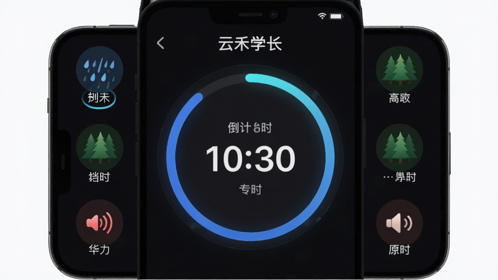 手机界面展示“云禾学长”专注计时功能,屏幕中央有圆形倒计时进度条,背景为深色模式,周围环绕雨声、森林等音效图标,风格科技感,排版整齐,画质细腻,干净无多余元素
