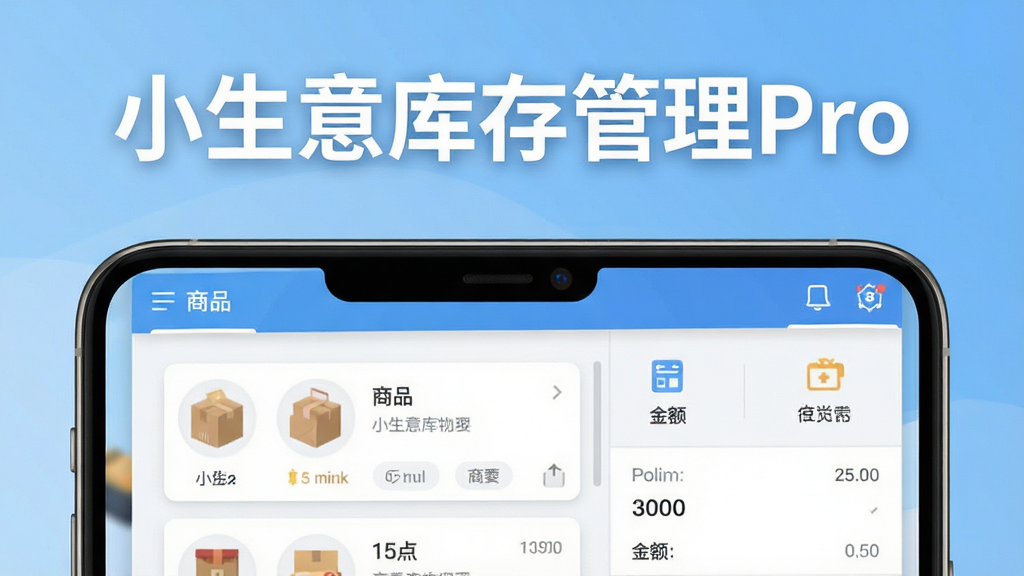 手机屏幕中央展示小生意库存管理Pro软件主界面,左侧是商品列表卡片,右侧是库存数量与金额统计面板,背景是简洁的浅蓝色渐变,画面中央上方用白色粗体字写着
