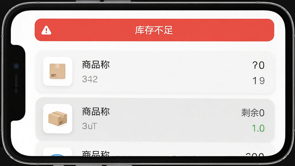 手机屏幕展示小生意库存管理Pro的库存预警页面,顶部有红色提醒横幅写着