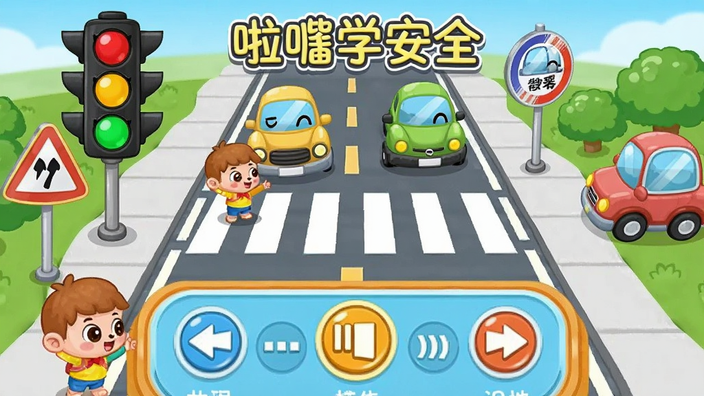 啦学安全场景化安全教育界面,主体为卡通角色在模拟的马路场景中学习交通规则,布局为全屏互动画面,上方显示红绿灯和斑马线,下方为角色操作区,排版简洁明了,风格为2D卡通动画风格,细节包括鲜艳的交通标志、可爱的车辆造型、动态的指示灯效果,画面中带有“啦学安全”文字,画质清晰明亮无杂乱元素