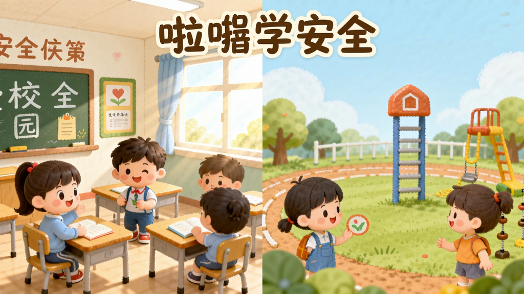 啦学安全校园安全知识界面,主体为卡通角色在教室和操场上学习安全规则,布局为横向分栏设计,左侧展示教室场景,右侧展示操场场景,排版对称均衡,风格为柔和卡通手绘风格,细节包括友好的同学互动、安全提示标牌、明亮的窗户光线,画面中带有“啦学安全”文字,画质细腻干净无多余元素