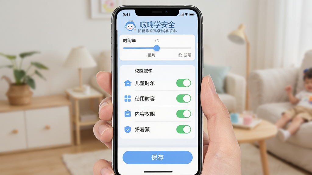 啦学安全家长中心界面展示,主体为家长使用手机设置儿童使用时长和内容权限的操作画面,布局为竖屏手机界面,上方显示时间设置滑块,中间为权限开关列表,下方为保存按钮,排版清晰易读,风格为简约扁平化设计,细节包括柔和的蓝色调、清晰的图标标识、直观的开关状态,画面中带有“啦学安全”文字,画质高清干净无多余元素