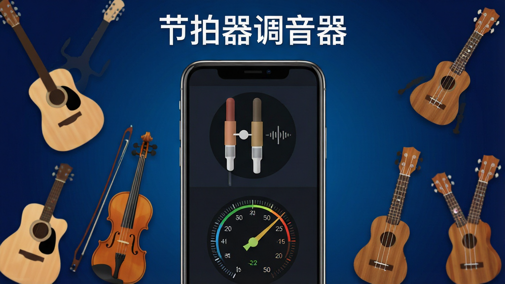 一张展示手机屏幕中节拍器调音器软件界面的图片,画面中央是手机,手机屏幕上清晰显示节拍器摆锤动画与调音器指针表盘,手机周围散落着吉他、小提琴、尤克里里等乐器剪影,背景为深蓝色渐变,顶部有
