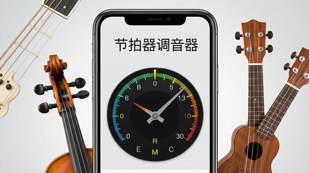 一张展示节拍器调音器软件调音功能的图片,画面中央是手机屏幕显示调音器指针表盘与音名标识,屏幕上方有